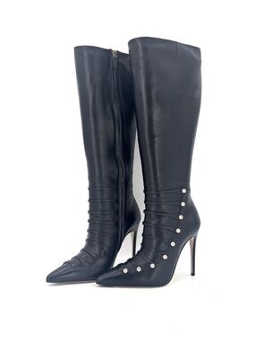 Gucci Aneta GG Button Black Leather Pointed Toe Knee High Boots 37
